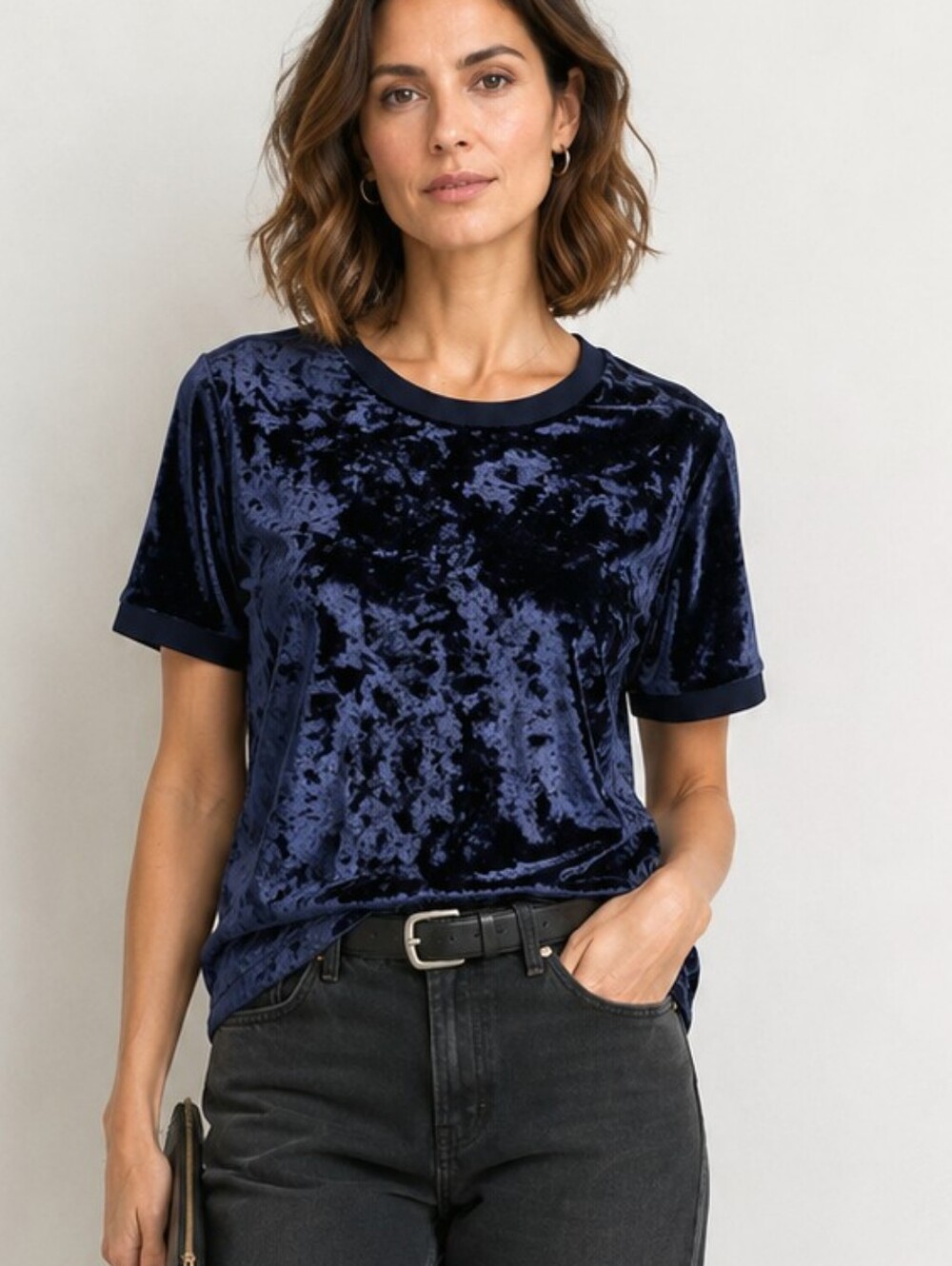 A New Day Navy Blue Crushed Velvet top Short Sleeve - Picture 1 of 6